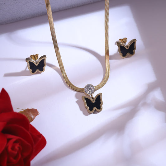 Elegant Butterfly & Crystal Jewelry Set - Gold Necklace & Earrings