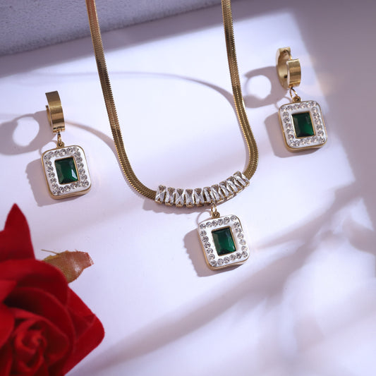 Emerald Green Stone & Crystal Gold Necklace & Hoop Earrings Set
