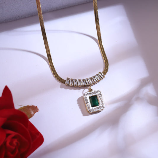 Emerald Green Stone & Crystal Gold Necklace & Hoop Earrings Set