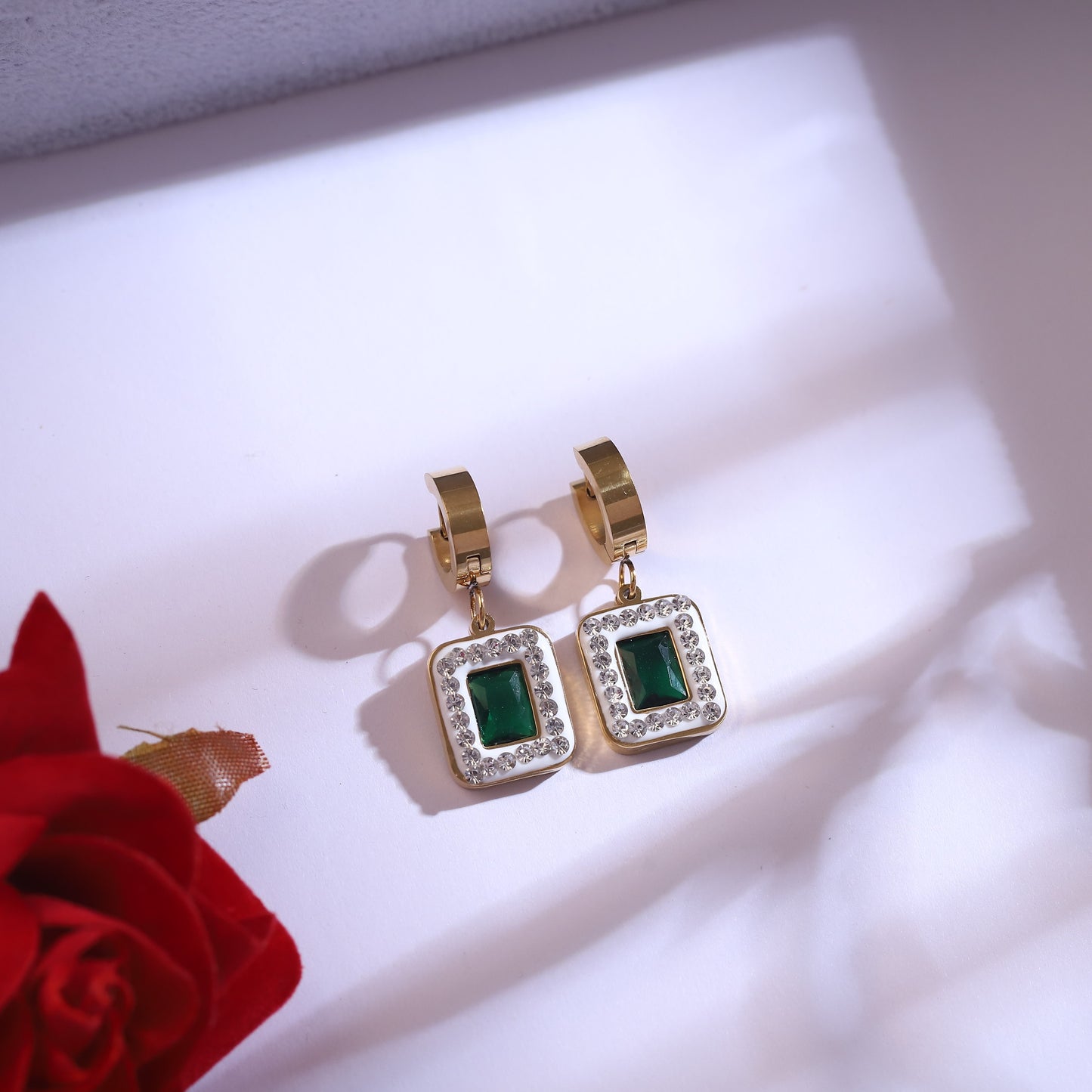 Emerald Green Stone & Crystal Gold Necklace & Hoop Earrings Set