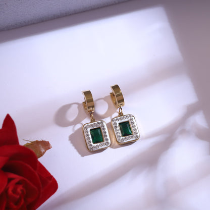 Emerald Green Stone & Crystal Gold Necklace & Hoop Earrings Set
