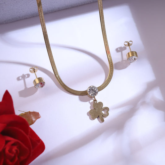 Gold Clover Necklace & Stud Earrings Set - Dainty CZ Jewelry Gift