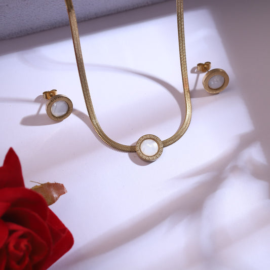 Gold Plated Flat Snake Chain Necklace with White Shell Inlay & Matching Stud Earrings Set