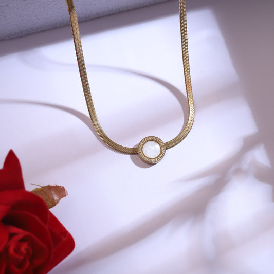 Gold Plated Flat Snake Chain Necklace with White Shell Inlay & Matching Stud Earrings Set