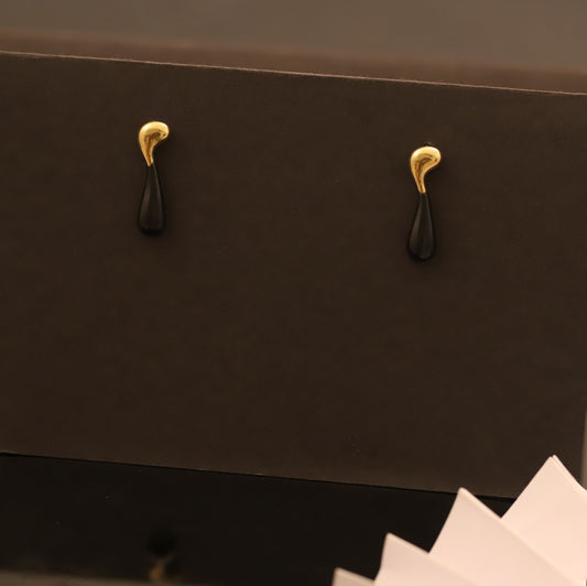 Black Teardrop Stud Earrings with Gold Accent - Elegant Minimalist Jewelry