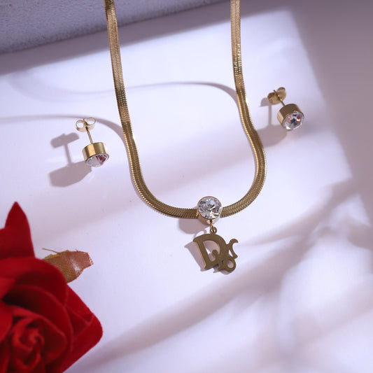 Gold Tone "DR" Initial Pendant Necklace with CZ & Stud Earrings Set