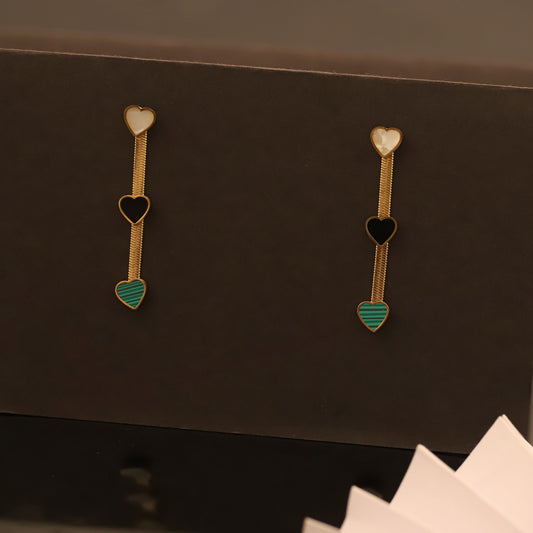 Multi-Heart Drop Earrings - Gold Chain with White Black Teal Hearts - Cute Dangle Jewelry