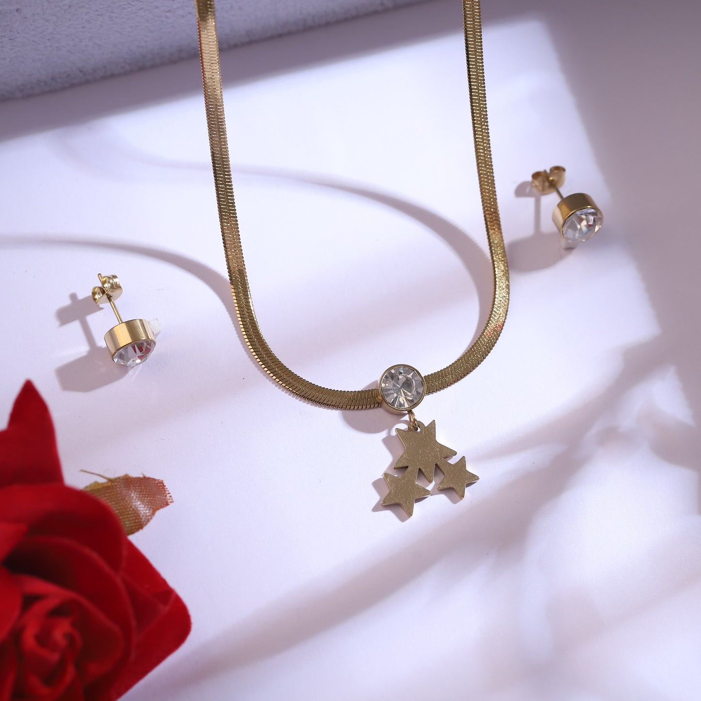 Gold Star Charm Necklace with CZ & Matching Stud Earrings Set