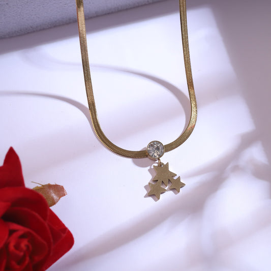 Gold Star Charm Necklace with CZ & Matching Stud Earrings Set