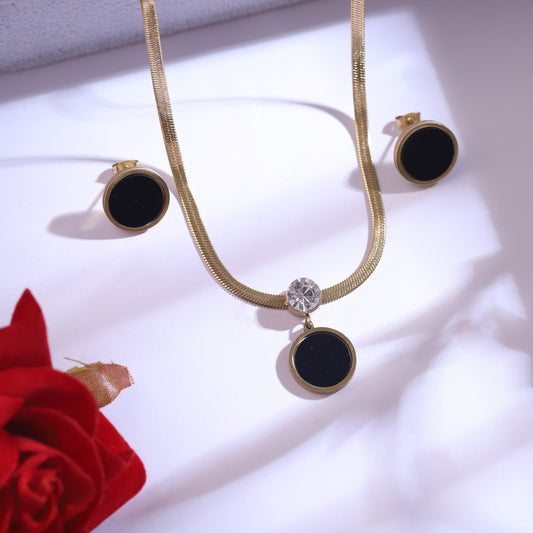 Gold Flat Snake Chain Necklace with Black Circle Pendant & CZ Stud Earrings Set