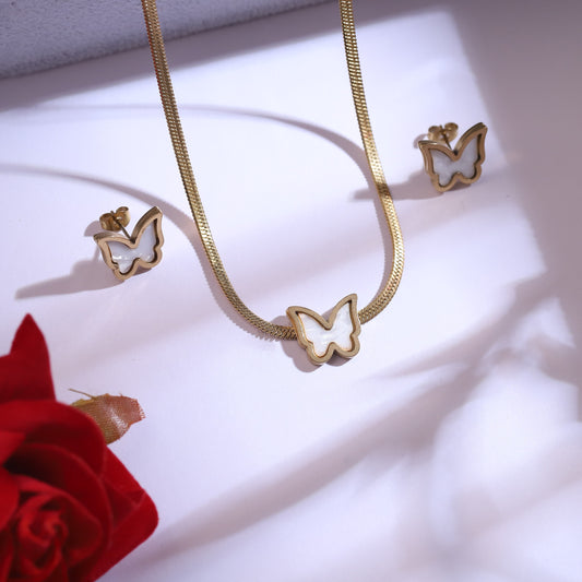 Gold Butterfly Necklace & Mother of Pearl Inlay Stud Earrings Set