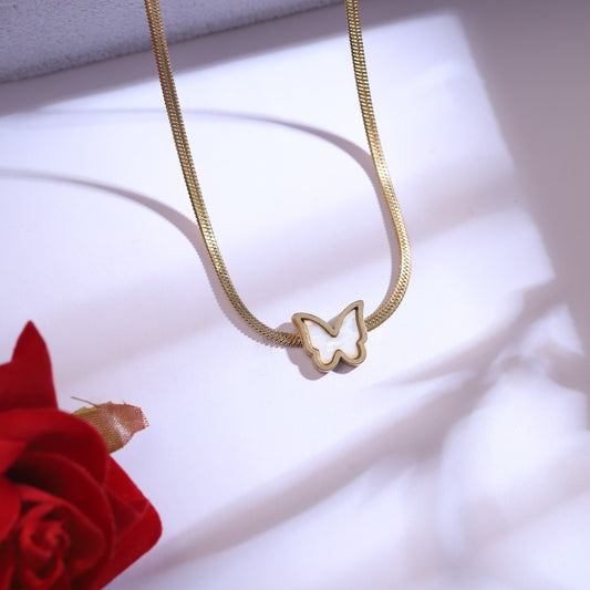 Gold Butterfly Necklace & Mother of Pearl Inlay Stud Earrings Set
