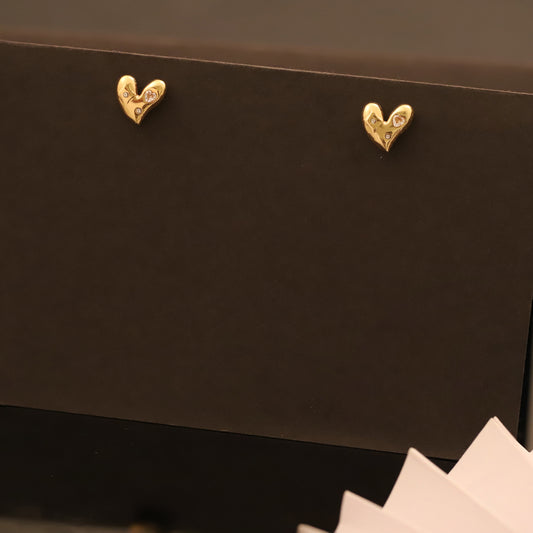 Small Gold Heart Stud Earrings with CZ Accents - Delicate Love Jewelry