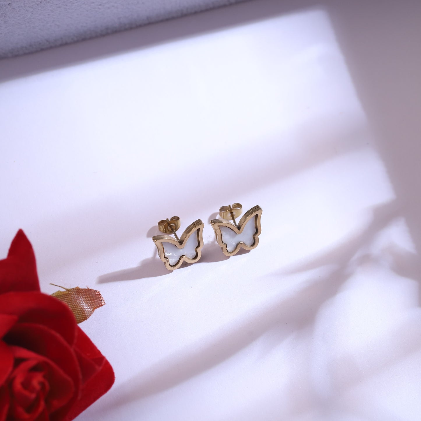 Gold Butterfly Necklace & Mother of Pearl Inlay Stud Earrings Set