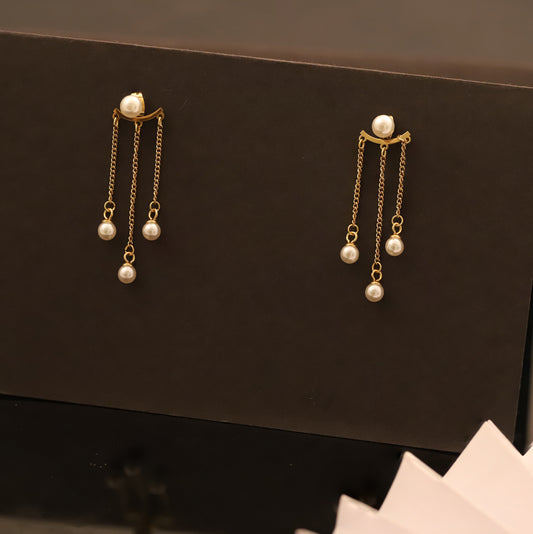 Pearl Arc Stud Earrings with Chain Dangles - Elegant Gold and Pearl Jewelry