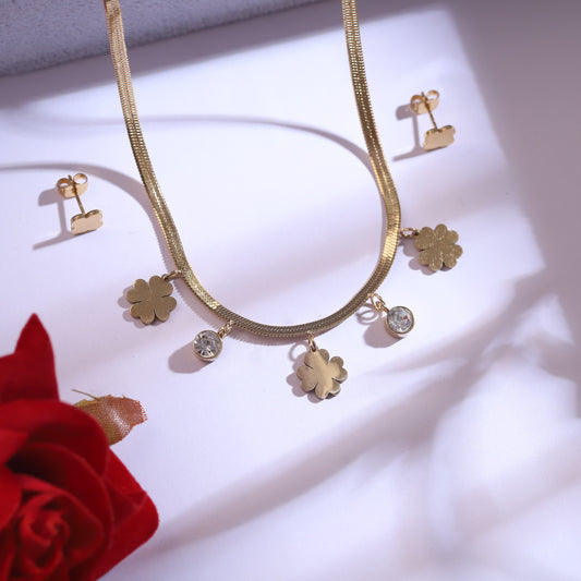 Gold Clover & Crystal Charm Necklace & Earring Set | Good Luck Jewelry