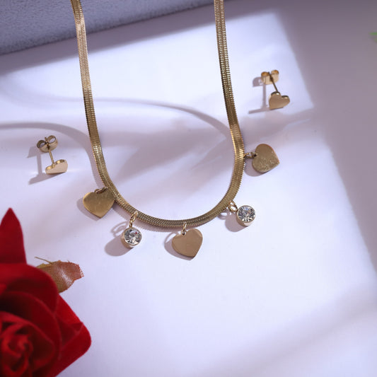Gold Snake Chain Necklace Set | Heart Charm & Crystal Dangle Necklace with Heart Stud Earrings