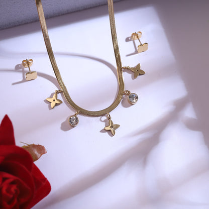 Golden Serpent Chain Necklace & Stud Earrings Set | Elegant Clover Charm Jewelry