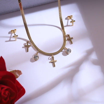 Gold Snake Chain Cross & Crystal Dangle Necklace Set | Faith-Inspired Jewelry
