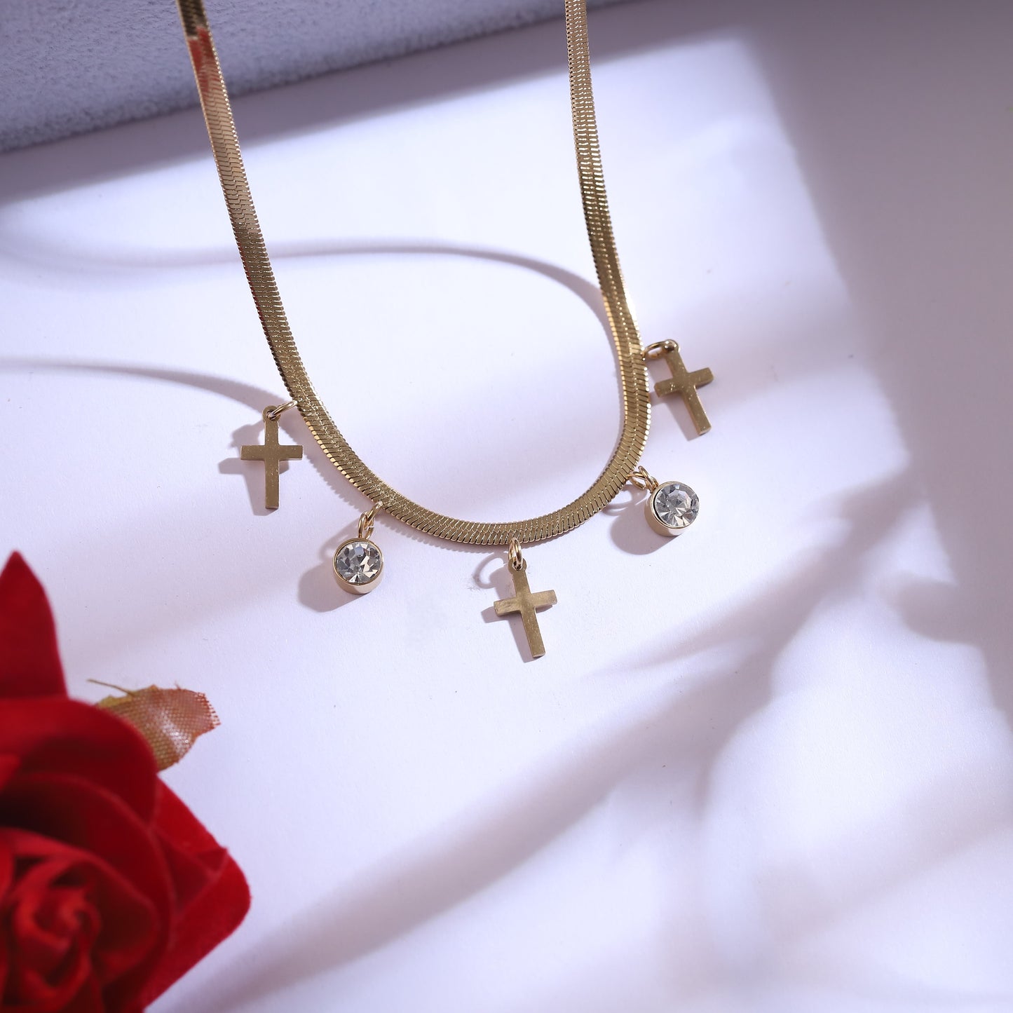 Gold Snake Chain Cross & Crystal Dangle Necklace Set | Faith-Inspired Jewelry