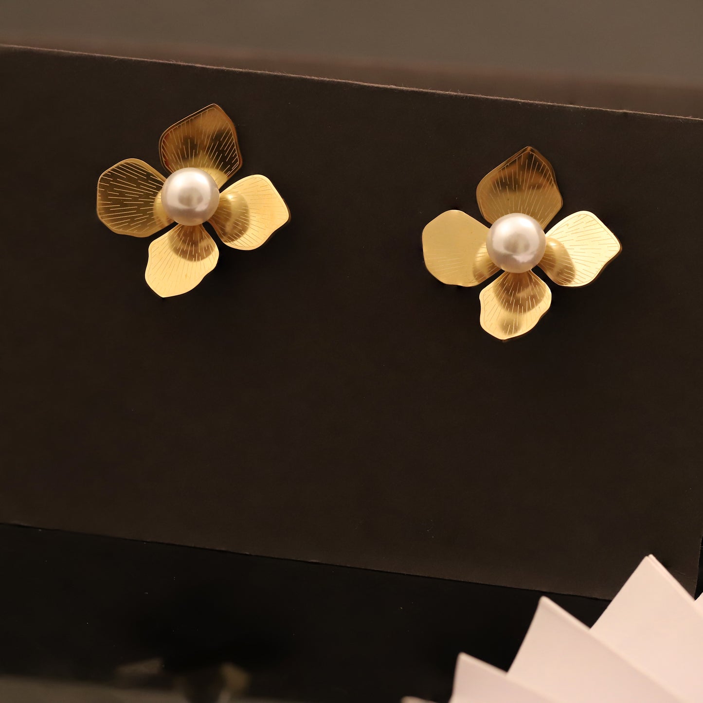 Gold Floral Stud Earrings with Pearl Center - Elegant Flower Jewelry for Women