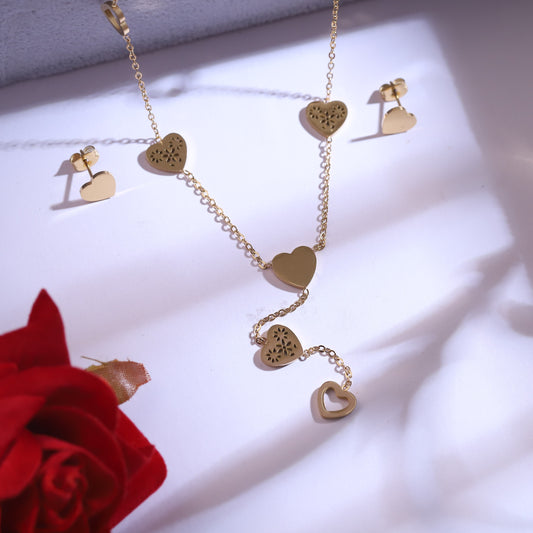 Gold Heart Charm Necklace & Earring Set | Layered Love Jewelry