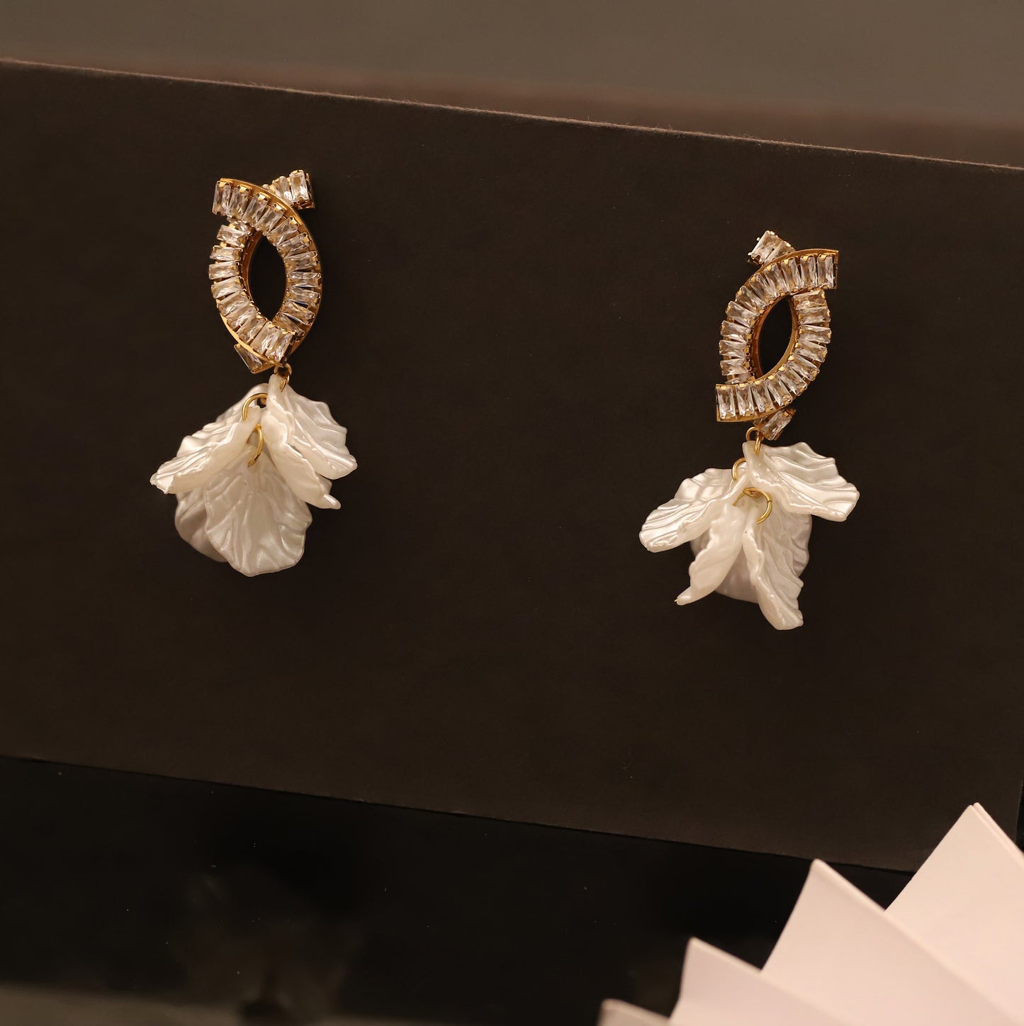Crystal Top & White Petal Drop Earrings - Elegant Dangle Jewelry for Women