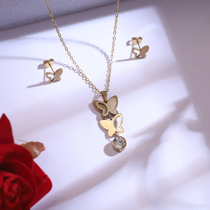 Golden Butterfly Necklace & Stud Earrings Set | Dainty Crystal Charm Jewelry