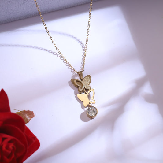 Golden Butterfly Necklace & Stud Earrings Set | Dainty Crystal Charm Jewelry