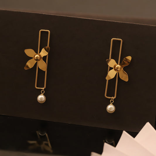Modern Gold Flower & Rectangle Drop Earrings with Pearl - Unique Dangle Jewelry