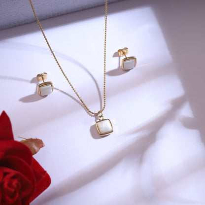 Gold Square Mother of Pearl Necklace & Earring Set | Minimalist Jewelry