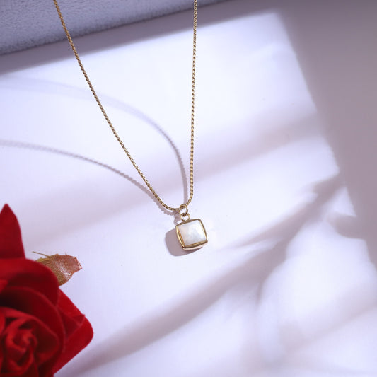 Gold Square Mother of Pearl Necklace & Earring Set | Minimalist Jewelry