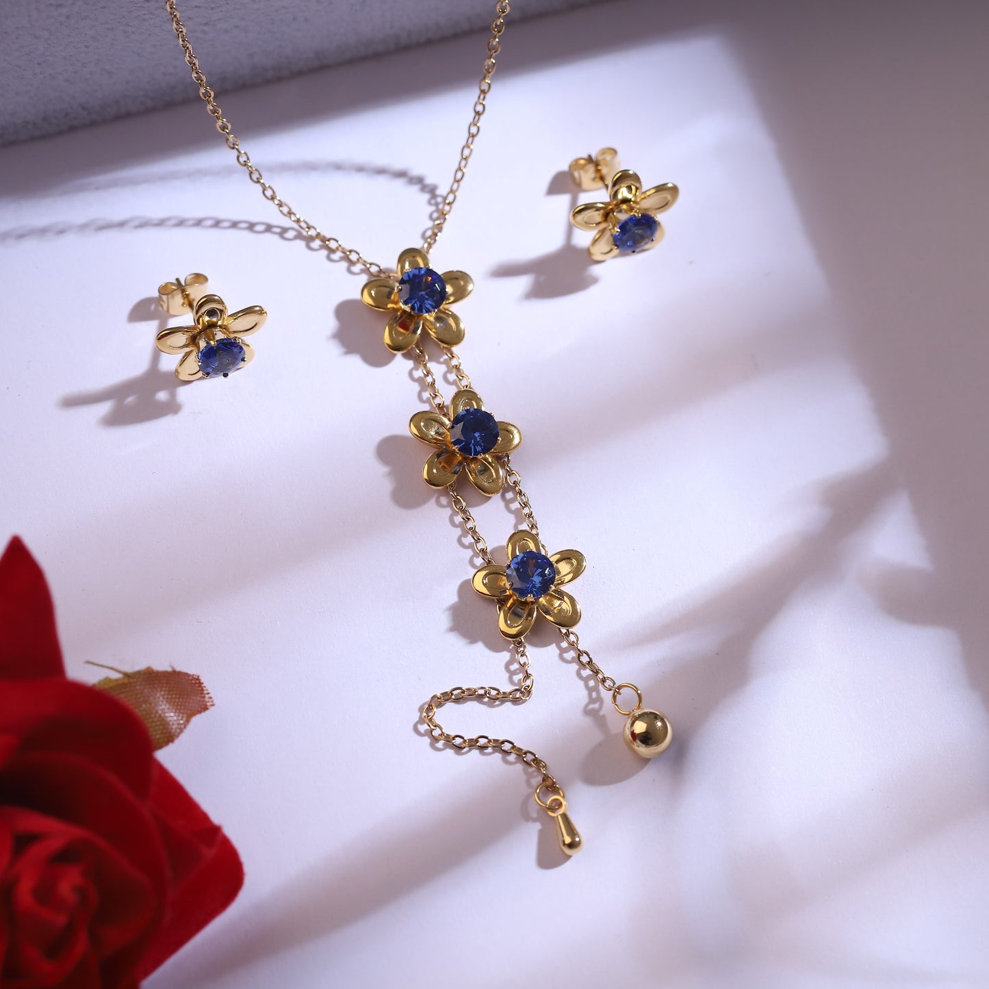 Golden Floral Drop Necklace & Blue Gemstone Earrings Set | Flower Dangle Jewelry