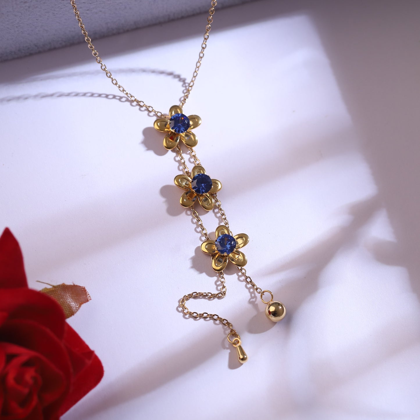 Golden Floral Drop Necklace & Blue Gemstone Earrings Set | Flower Dangle Jewelry