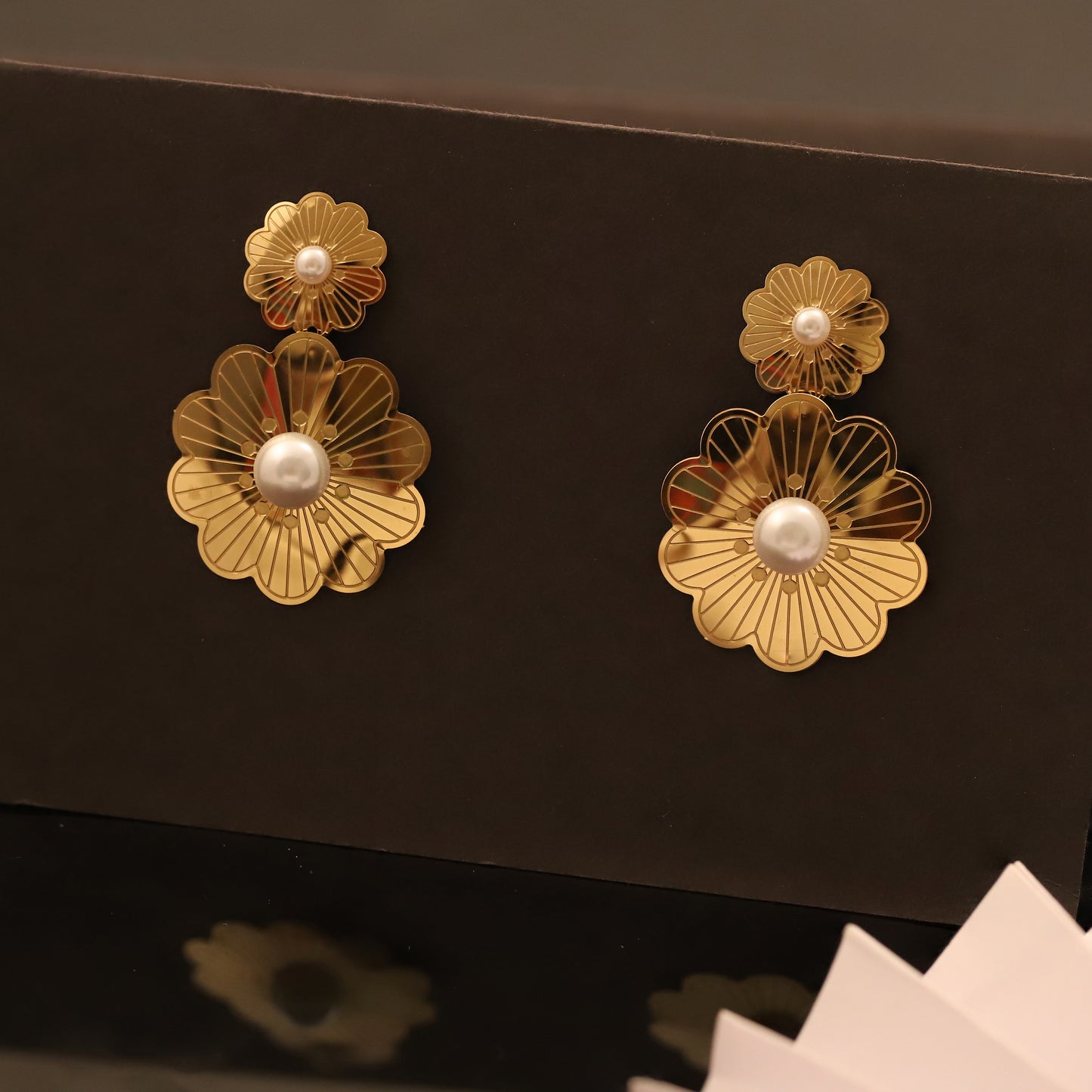 Double Flower Pearl Drop Earrings - Elegant Gold Floral Dangle Jewelry