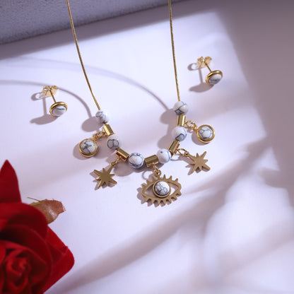 Gold Evil Eye & Star Charm Necklace Set | White Howlite Beaded Jewelry