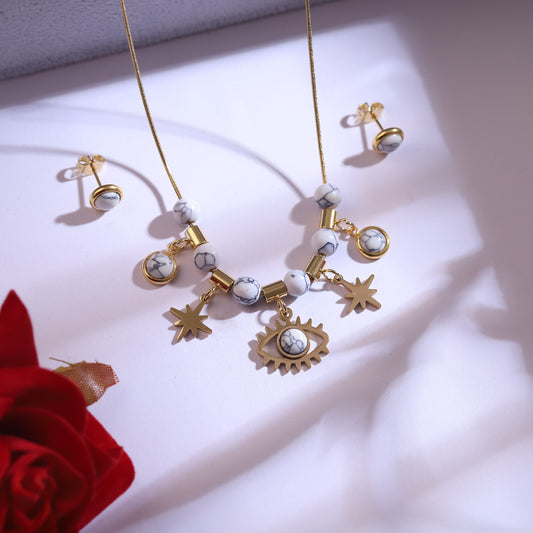 Gold Evil Eye & Star Charm Necklace Set | White Howlite Beaded Jewelry