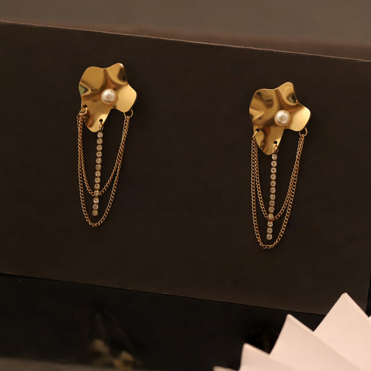 Gold Floral Dangle Earrings with Pearl & Chain Tassels - Statement Stud Earrings