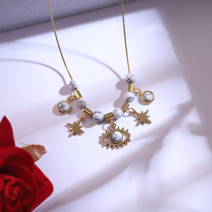 Gold Evil Eye & Star Charm Necklace Set | White Howlite Beaded Jewelry