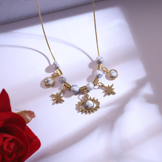 Gold Evil Eye & Star Charm Necklace Set | White Howlite Beaded Jewelry