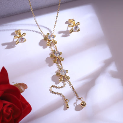 Golden Flower & Crystal Drop Necklace | Clear Gemstone Floral Y-Necklace