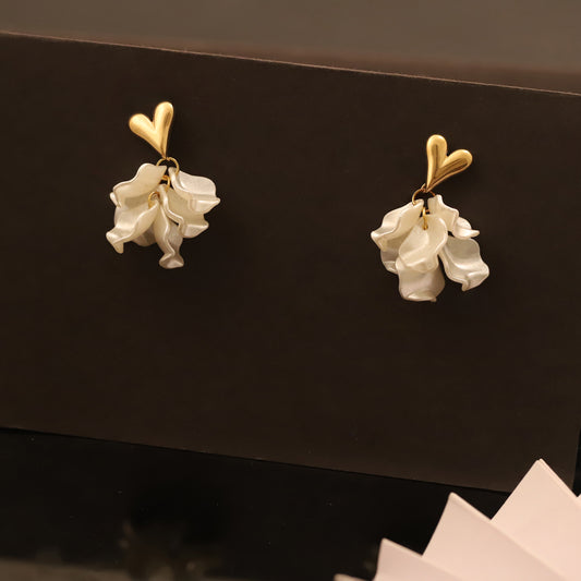 Heart Stud & White Petal Cluster Earrings - Romantic Floral Dangle Jewelry