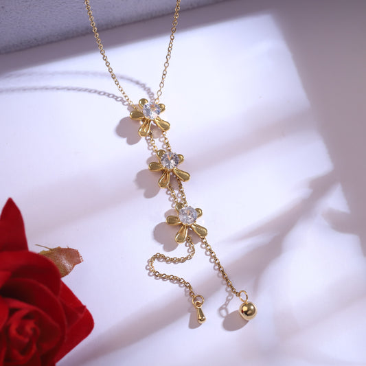 Golden Flower & Crystal Drop Necklace | Clear Gemstone Floral Y-Necklace