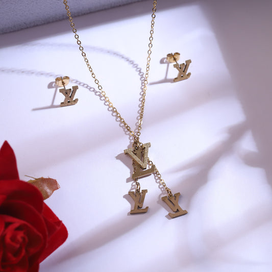 Golden 'V' Initial Necklace & Stud Earrings Set | Modern Letter Jewelry