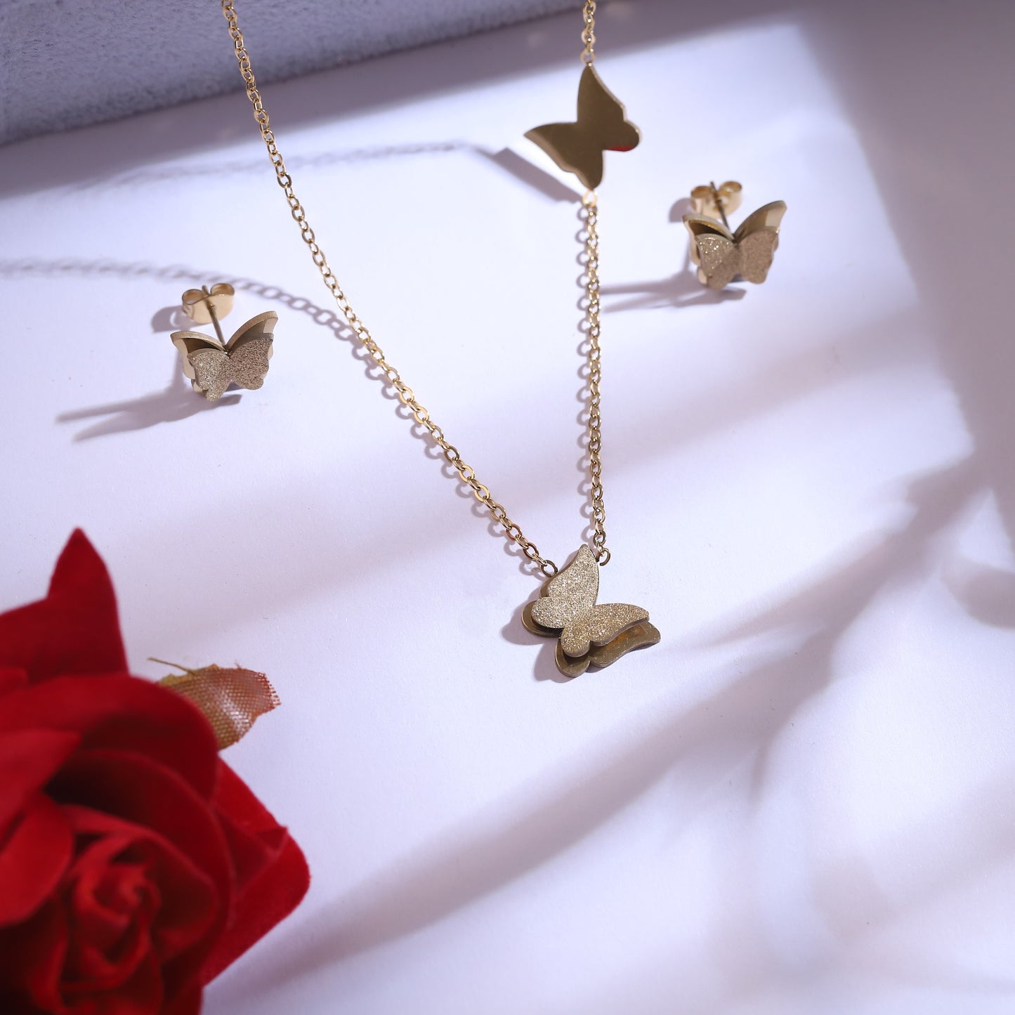 Sparkling Gold Butterfly Necklace & Stud Earrings Set | Glitter Finish Jewelry