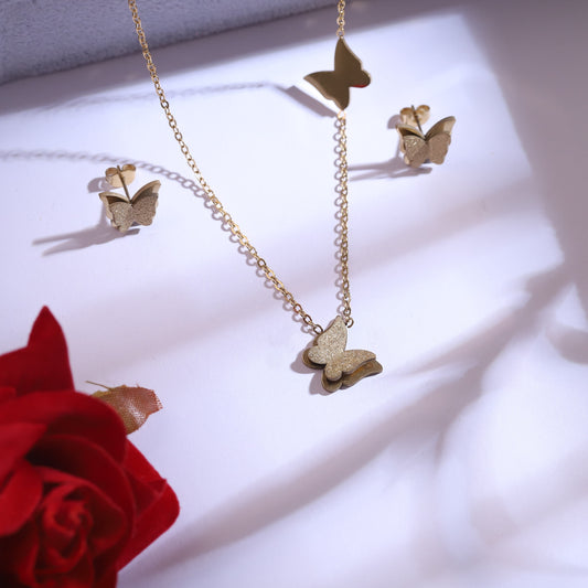 Sparkling Gold Butterfly Necklace & Stud Earrings Set | Glitter Finish Jewelry