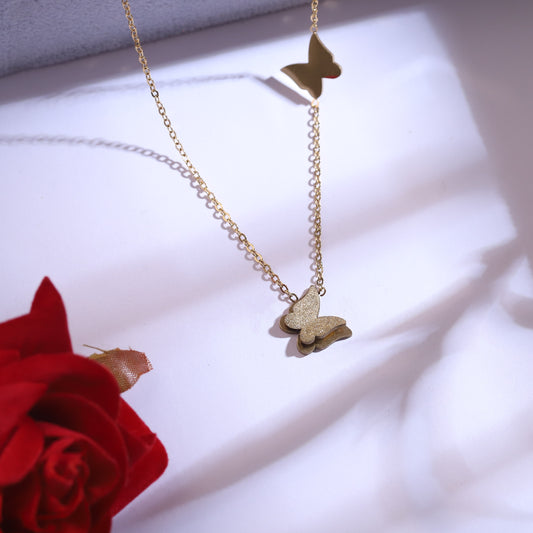 Sparkling Gold Butterfly Necklace & Stud Earrings Set | Glitter Finish Jewelry