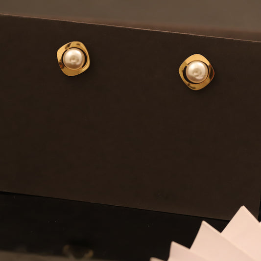 Modern Pearl Stud Earrings with Gold Square Frame - Contemporary Geometric Jewelry