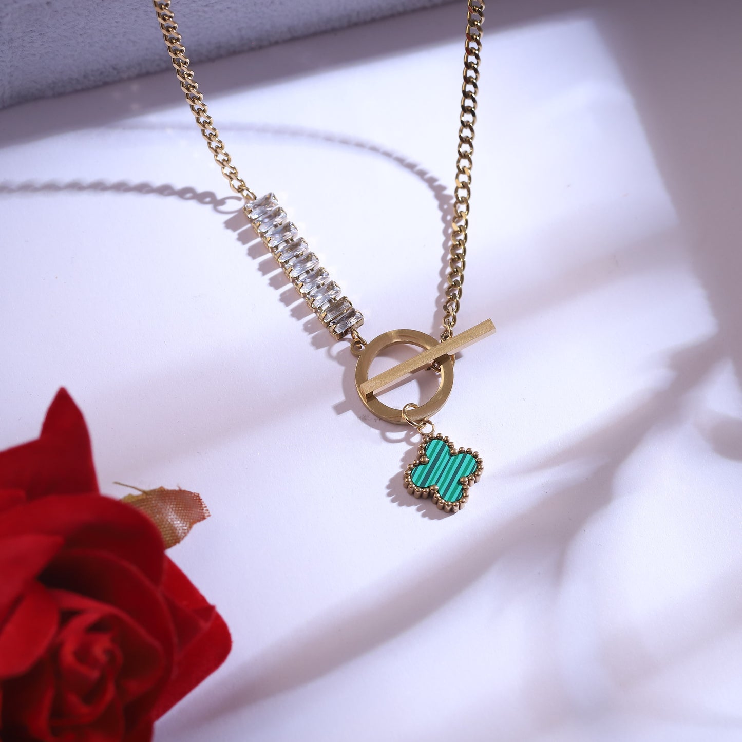 Golden Toggle Clasp Necklace with Green Clover & Crystal Bar | Modern Chic Jewelry Set