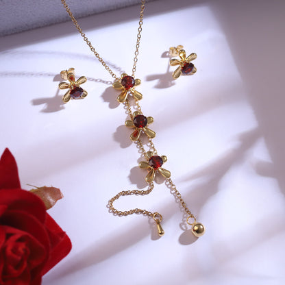 Golden Floral Drop Necklace & Red Gemstone Earrings Set | Flower Dangle Jewelry